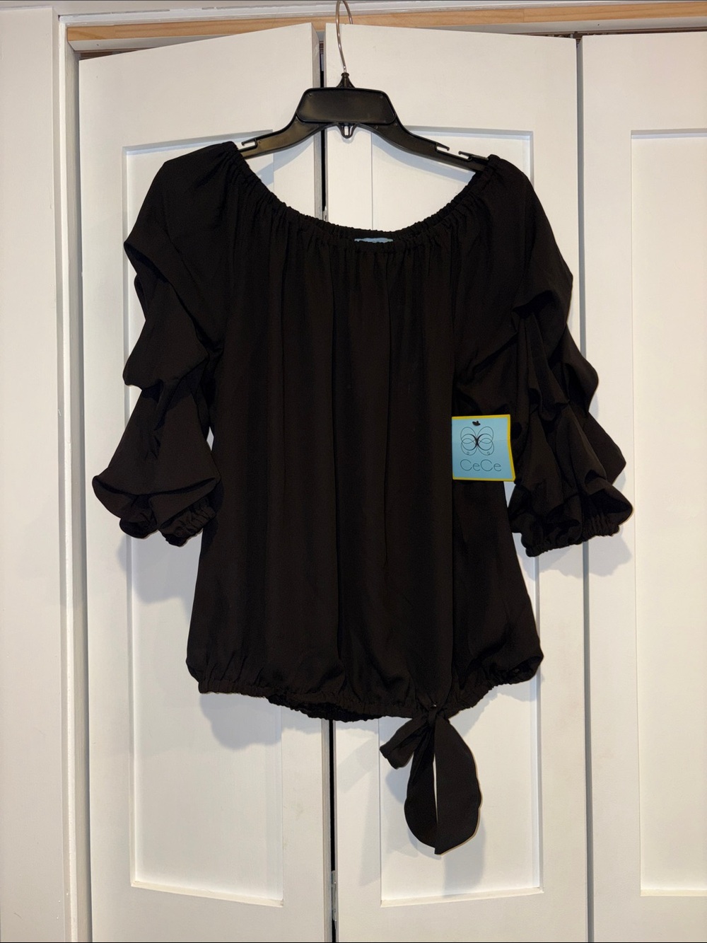CeCe Black Ruffle Sleeve Tie-Front Blouse